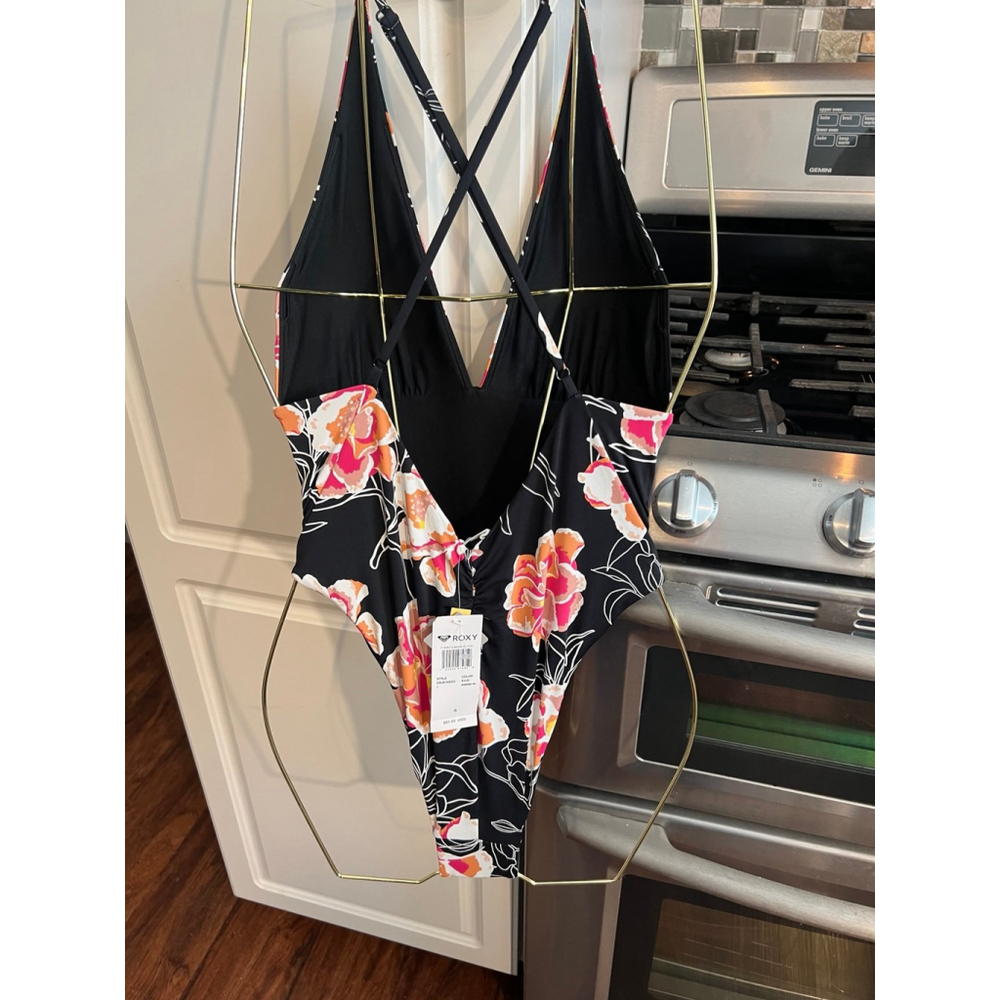 NWT ROXY Women's Black Floral Stretch Deep V Neck One Piece Swimsuit - Picture 5 of 7
